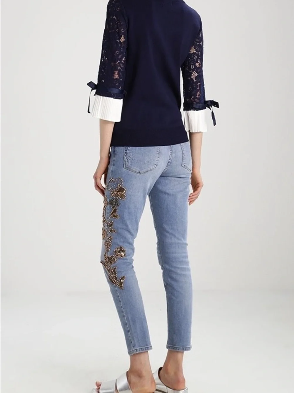 Molly Bracken Navy Crewneck Sweater with Lace Sleeves and Bow Ties Size M / L